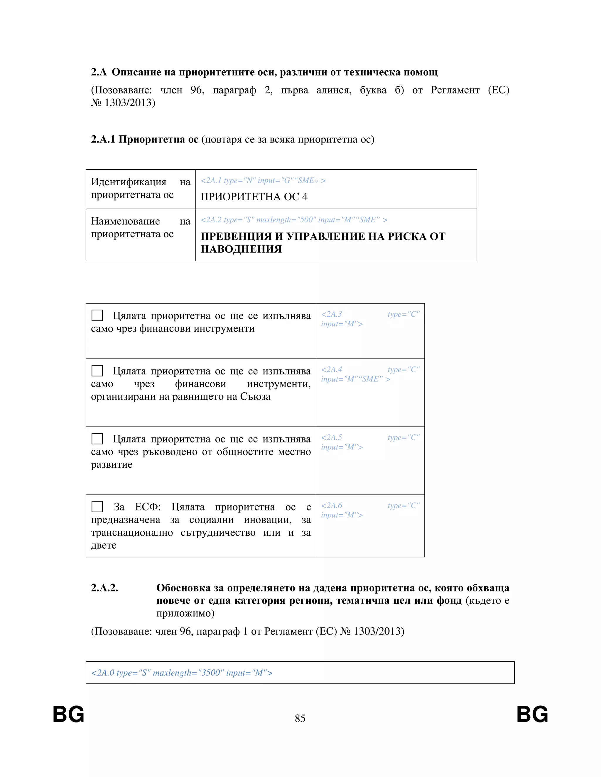 BG 85 BG
2.A Описание на приоритетните оси, различни от техническа помощ
(Позоваване: член 96, параграф 2, първа алинея, буква б) от Регламент (EС)
№ 1303/2013)
2.А.1 Приоритетна ос (повтаря се за всяка приоритетна ос)
Идентификация на
приоритетната ос
<2A.1 type="N" input="G"“SME» >
ПРИОРИТЕТНА ОС 4
Наименование на
приоритетната ос
<2A.2 type="S" maxlength="500" input="M"“SME” >
ПРЕВЕНЦИЯ И УПРАВЛЕНИЕ НА РИСКА ОТ
НАВОДНЕНИЯ
Цялата приоритетна ос ще се изпълнява
само чрез финансови инструменти
<2A.3 type="C"
input="M">
Цялата приоритетна ос ще се изпълнява
само чрез финансови инструменти,
организирани на равнището на Съюза
<2A.4 type="C"
input="M"“SME” >
Цялата приоритетна ос ще се изпълнява
само чрез ръководено от общностите местно
развитие
<2A.5 type="C"
input="M">
За ЕСФ: Цялата приоритетна ос е
предназначена за социални иновации, за
транснационално сътрудничество или и за
двете
<2A.6 type="C"
input="M">
2.А.2. Обосновка за определянето на дадена приоритетна ос, която обхваща
повече от една категория региони, тематична цел или фонд (където е
приложимо)
(Позоваване: член 96, параграф 1 от Регламент (ЕС) № 1303/2013)
<2A.0 type="S" maxlength="3500" input="M">
 
