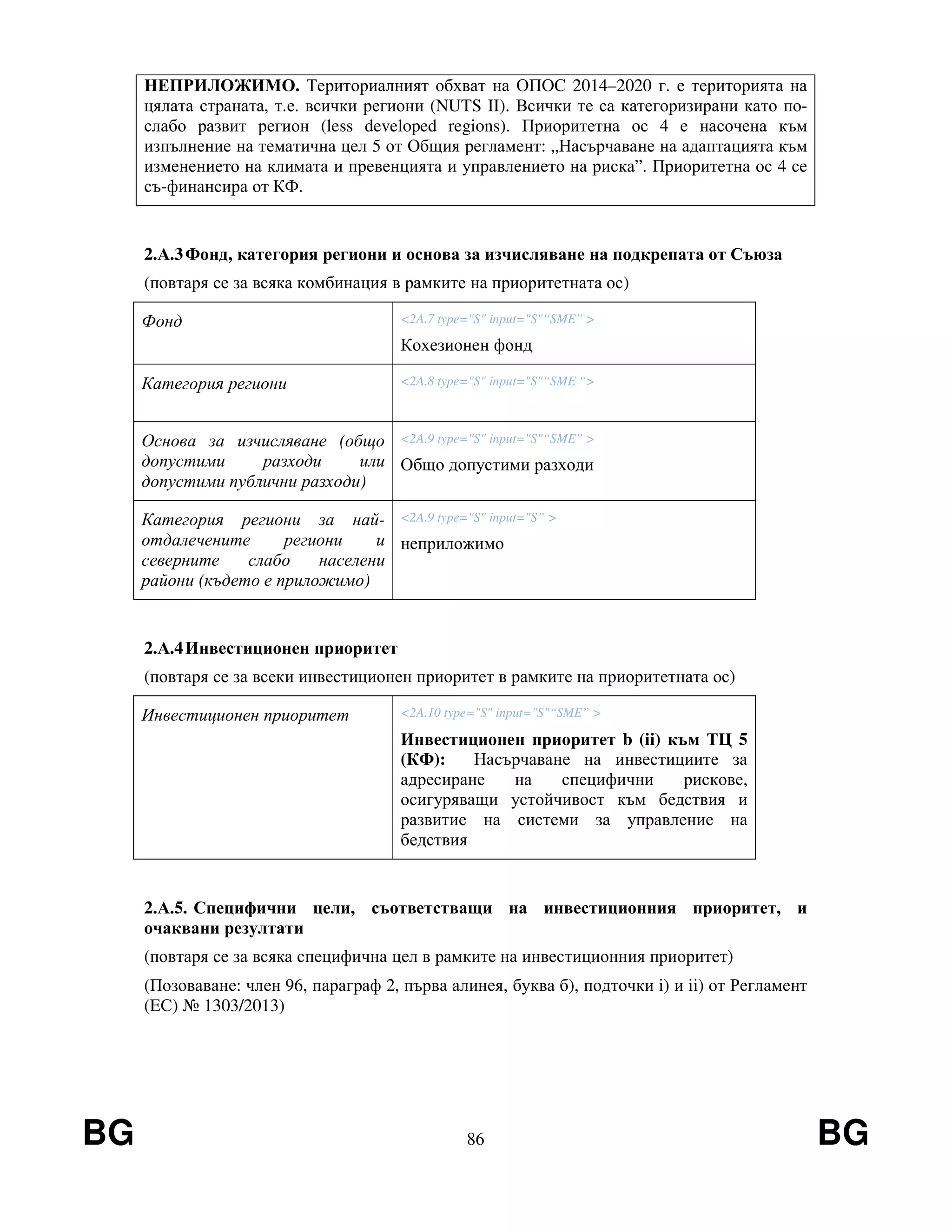 BG 86 BG
НЕПРИЛОЖИМО. Териториалният обхват на ОПОС 2014–2020 г. е територията на
цялата страната, т.е. всички региони (NUTS II). Всички те са категоризирани като по-
слабо развит регион (less developed regions). Приоритетна ос 4 е насочена към
изпълнение на тематична цел 5 от Общия регламент: „Насърчаване на адаптацията към
изменението на климата и превенцията и управлението на риска”. Приоритетна ос 4 се
съ-финансира от КФ.
2.А.3Фонд, категория региони и основа за изчисляване на подкрепата от Съюза
(повтаря се за всяка комбинация в рамките на приоритетната ос)
Фонд <2A.7 type="S" input="S"“SME” >
Кохезионен фонд
Категория региони <2A.8 type="S" input="S"“SME “>
Основа за изчисляване (общо
допустими разходи или
допустими публични разходи)
<2A.9 type="S" input="S"“SME” >
Общо допустими разходи
Категория региони за най-
отдалечените региони и
северните слабо населени
райони (където е приложимо)
<2A.9 type="S" input="S” >
неприложимо
2.А.4Инвестиционен приоритет
(повтаря се за всеки инвестиционен приоритет в рамките на приоритетната ос)
Инвестиционен приоритет <2A.10 type="S" input="S"“SME” >
Инвестиционен приоритет b (ii) към ТЦ 5
(КФ): Насърчаване на инвестициите за
адресиране на специфични рискове,
осигуряващи устойчивост към бедствия и
развитие на системи за управление на
бедствия
2.А.5. Специфични цели, съответстващи на инвестиционния приоритет, и
очаквани резултати
(повтаря се за всяка специфична цел в рамките на инвестиционния приоритет)
(Позоваване: член 96, параграф 2, първа алинея, буква б), подточки i) и ii) от Регламент
(EС) № 1303/2013)
 