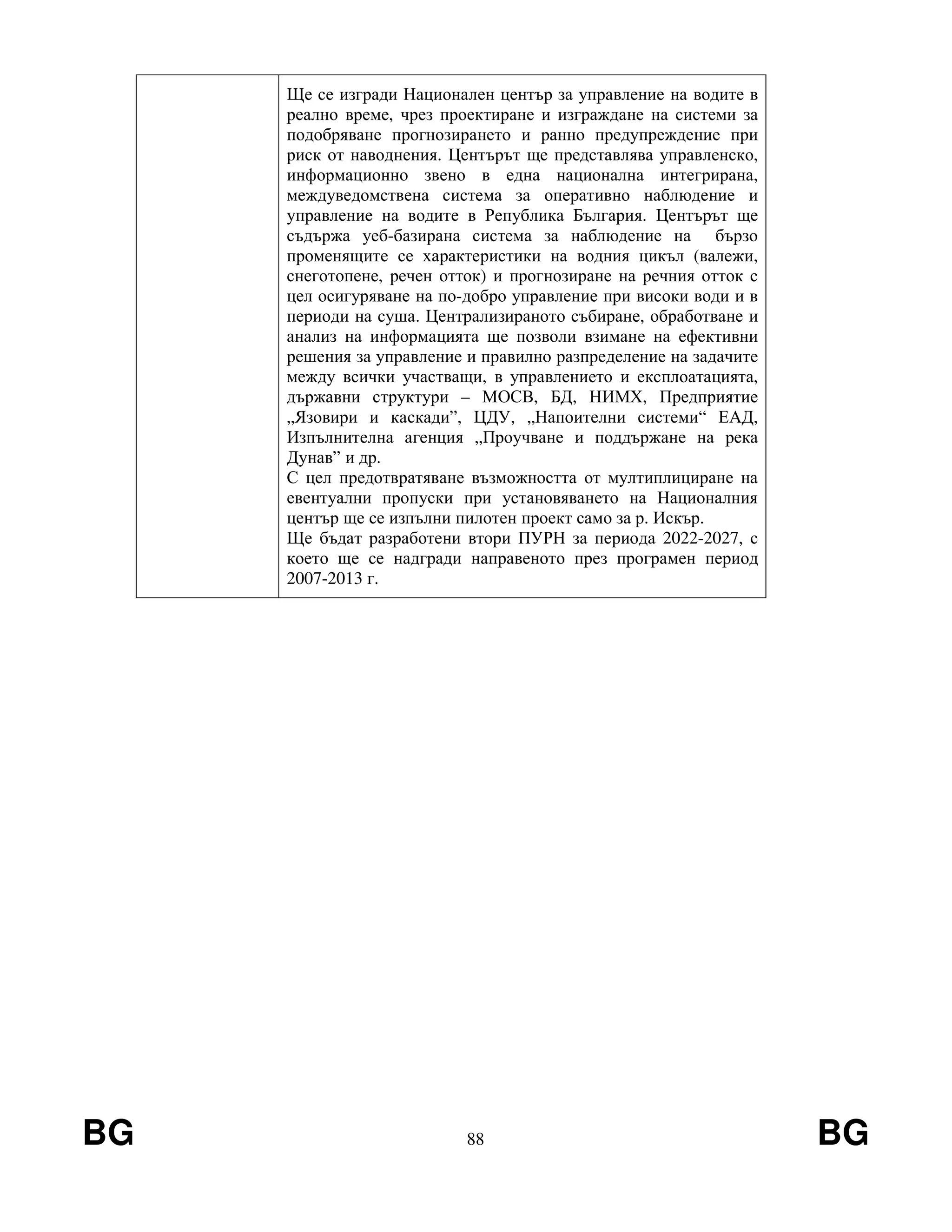 BG 88 BG
Ще се изгради Национален център за управление на водите в
реално време, чрез проектиране и изграждане на системи за
подобряване прогнозирането и ранно предупреждение при
риск от наводнения. Центърът ще представлява управленско,
информационно звено в една национална интегрирана,
междуведомствена система за оперативно наблюдение и
управление на водите в Република България. Центърът ще
съдържа уеб-базирана система за наблюдение на бързо
променящите се характеристики на водния цикъл (валежи,
снеготопене, речен отток) и прогнозиране на речния отток с
цел осигуряване на по-добро управление при високи води и в
периоди на суша. Централизираното събиране, обработване и
анализ на информацията ще позволи взимане на ефективни
решения за управление и правилно разпределение на задачите
между всички участващи, в управлението и експлоатацията,
държавни структури – МОСВ, БД, НИМХ, Предприятие
„Язовири и каскади”, ЦДУ, „Напоителни системи“ ЕАД,
Изпълнителна агенция „Проучване и поддържане на река
Дунав” и др.
С цел предотвратяване възможността от мултиплициране на
евентуални пропуски при установяването на Националния
център ще се изпълни пилотен проект само за р. Искър.
Ще бъдат разработени втори ПУРН за периода 2022-2027, с
което ще се надгради направеното през програмен период
2007-2013 г.
 