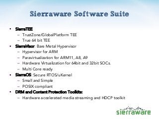Sierraware Software Suite
 SierraTEE
– TrustZone/GlobalPlatform TEE
– True 64 bit TEE
 SierraVisor: Bare Metal Hyperviso...