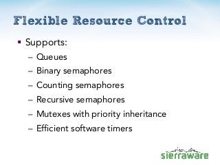 Flexible Resource Control
 Supports:
– Queues
– Binary semaphores
– Counting semaphores
– Recursive semaphores
– Mutexes ...