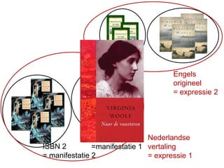 ISBN 2 
= manifestatie 2 
ISBN 1 =manifestatie 1 
Engels origineel = expressie 2 
Nederlandse vertaling = expressie 1  