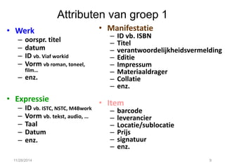 Attributen van groep 1 
•Werk 
–oorspr. titel 
–datum 
–ID vb. Viaf workid 
–Vorm vb roman, toneel, film… 
–enz. 
•Expressie 
–ID vb. ISTC, NSTC, M4Bwork 
–Vorm vb. tekst, audio, … 
–Taal 
–Datum 
–enz. 
•Manifestatie 
–ID vb. ISBN 
–Titel 
–verantwoordelijkheidsvermelding 
–Editie 
–Impressum 
–Materiaaldrager 
–Collatie 
–enz. 
•Item 
–barcode 
–leverancier 
–Locatie/sublocatie 
–Prijs 
–signatuur 
–enz. 
11/28/2014 
9  