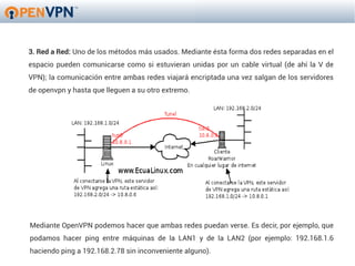 3. Red a Red: Uno de los métodos más usados. Mediante ésta forma dos redes separadas en el
espacio pueden comunicarse como si estuvieran unidas por un cable virtual (de ahí la V de
VPN); la comunicación entre ambas redes viajará encriptada una vez salgan de los servidores
de openvpn y hasta que lleguen a su otro extremo.




Mediante OpenVPN podemos hacer que ambas redes puedan verse. Es decir, por ejemplo, que
podamos hacer ping entre máquinas de la LAN1 y de la LAN2 (por ejemplo: 192.168.1.6
haciendo ping a 192.168.2.78 sin inconveniente alguno).
 