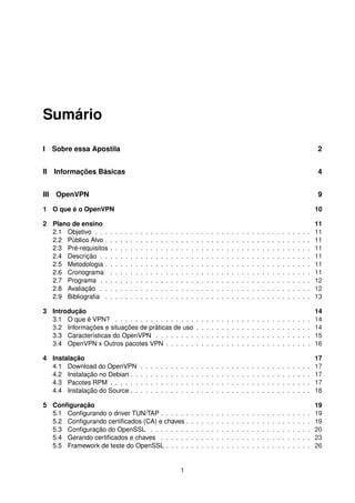 Sumário
I Sobre essa Apostila 2
II Informações Básicas 4
III OpenVPN 9
1 O que é o OpenVPN 10
2 Plano de ensino 11
2.1 Objetivo . . . . . . . . . . . . . . . . . . . . . . . . . . . . . . . . . . . . . . . . . . . 11
2.2 Público Alvo . . . . . . . . . . . . . . . . . . . . . . . . . . . . . . . . . . . . . . . . . 11
2.3 Pré-requisitos . . . . . . . . . . . . . . . . . . . . . . . . . . . . . . . . . . . . . . . . 11
2.4 Descrição . . . . . . . . . . . . . . . . . . . . . . . . . . . . . . . . . . . . . . . . . . 11
2.5 Metodologia . . . . . . . . . . . . . . . . . . . . . . . . . . . . . . . . . . . . . . . . . 11
2.6 Cronograma . . . . . . . . . . . . . . . . . . . . . . . . . . . . . . . . . . . . . . . . 11
2.7 Programa . . . . . . . . . . . . . . . . . . . . . . . . . . . . . . . . . . . . . . . . . . 12
2.8 Avaliação . . . . . . . . . . . . . . . . . . . . . . . . . . . . . . . . . . . . . . . . . . 12
2.9 Bibliograﬁa . . . . . . . . . . . . . . . . . . . . . . . . . . . . . . . . . . . . . . . . . 13
3 Introdução 14
3.1 O que é VPN? . . . . . . . . . . . . . . . . . . . . . . . . . . . . . . . . . . . . . . . 14
3.2 Informações e situações de práticas de uso . . . . . . . . . . . . . . . . . . . . . . . 14
3.3 Características do OpenVPN . . . . . . . . . . . . . . . . . . . . . . . . . . . . . . . 15
3.4 OpenVPN x Outros pacotes VPN . . . . . . . . . . . . . . . . . . . . . . . . . . . . . 16
4 Instalação 17
4.1 Download do OpenVPN . . . . . . . . . . . . . . . . . . . . . . . . . . . . . . . . . . 17
4.2 Instalação no Debian . . . . . . . . . . . . . . . . . . . . . . . . . . . . . . . . . . . . 17
4.3 Pacotes RPM . . . . . . . . . . . . . . . . . . . . . . . . . . . . . . . . . . . . . . . . 17
4.4 Instalação do Source . . . . . . . . . . . . . . . . . . . . . . . . . . . . . . . . . . . . 18
5 Conﬁguração 19
5.1 Conﬁgurando o driver TUN/TAP . . . . . . . . . . . . . . . . . . . . . . . . . . . . . . 19
5.2 Conﬁgurando certiﬁcados (CA) e chaves . . . . . . . . . . . . . . . . . . . . . . . . . 19
5.3 Conﬁguração do OpenSSL . . . . . . . . . . . . . . . . . . . . . . . . . . . . . . . . 20
5.4 Gerando certiﬁcados e chaves . . . . . . . . . . . . . . . . . . . . . . . . . . . . . . 23
5.5 Framework de teste do OpenSSL . . . . . . . . . . . . . . . . . . . . . . . . . . . . . 26
1
 