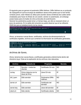 11
El siguiente paso es generar el parámetro Diffie Hellman, Diffie Hellman es un protocolo
de criptografía el cual se encarga de establecer claves entre partes que no han tenido
contacto previo, este método se utiliza para acordar claves simétricas las cuales serán
empleadas para hacer el cifrado de una sesión, siendo no autenticado, sin embargo
posee bases para el empleo de otros protocolos de autenticación.
Generar los parámetros puede tomar un tiempo largo, por ello es necesario tener un
poco de paciencia. En la salida del comando se puede observar que el se utilizarán
2048 bits para el establecimiento de las claves.
Ahora, ya tenemos nuevas llaves, certificados, archivos de almacenamiento de
certificados digitales, archivos que contienen la información de certificados generados.
Archivos de llaves.
Ahora, tenemos las nuevas llaves y certificados generados anteriormente dentro del
directorio keys/. Esta es la explicación de los archivos más relevantes.
Archivo Necesita de Propósito Secreto.
ca.crt Servidor + todos los
clientes
Certificado CA raíz NO
ca.key Única máquina con la
clave de firma
Llave CA raíz SÍ
dh( ).pem Sólo servidor Parámetros Diffie
Hellman
NO
server.crt Sólo servidor Certificado del
servidor
NO
server.key Sólo servidor Llave del servidor SÍ
client.crt Sólo cliente Certificado cliente NO
 