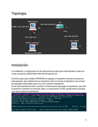 5
Topología.
Instalación.
La instalación y configuración de los elementos de esta guía serán llevado a cabo por
modo consola en GNU/LINUX Red Hat Enterprise 6.2
El primer paso para instalar OPENVPN es agregar el repositorio donde se encuentra
este paquete, aquí utilizaremos el repositorio epel, el cual es el repositorio que provee
los paquetes adicionales para Linux con entorno empresarial.
Es de vital importancia tener conexión a Internet para descargar el repositorio, para ello
lo hacemos mediante el comando wget y a continuación la URL donde está el paquete
.rpm que contiene el repositorio.
 
