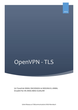 2013

OpenVPN - TLS

Un Travail de ISMAIL RACHDAOUI et MOUNIA EL ANBAL
Encadré Par: Mr.ANAS ABOU ELKALAM

Génie Réseaux et Télécommunications ENSA Marrakech

 