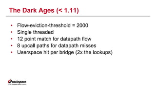 The Dark Ages (< 1.11) 
• Flow-eviction-threshold = 2000 
• Single threaded 
• 12 point match for datapath flow 
• 8 upcall paths for datapath misses 
• Userspace hit per bridge (2x the lookups) 
 