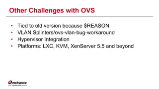 Other Challenges with OVS 
• Tied to old version because $REASON 
• VLAN Splinters/ovs-vlan-bug-workaround 
• Hypervisor Integration 
• Platforms: LXC, KVM, XenServer 5.5 and beyond 
 
