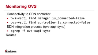 Monitoring OVS 
Connectivity to SDN controller 
• ovs-vsctl find manager is_connected=false 
• ovs-vsctl find controller is_connected=false 
SDN integration process (ovs-xapi-sync) 
• pgrep -f ovs-xapi-sync 
Routes 
 
