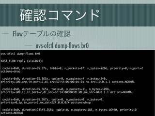 確認コマンド
       Flowテーブルの確認
                     ovs-ofctl dump-ﬂows br0
ovs-ofctl dump-flows br0

NXST_FLOW reply (xid=0x4):

 cookie=0x0, duration=65.37s, table=0, n_packets=17, n_bytes=1266, priority=0,in_port=2
actions=drop

 cookie=0x0, duration=65.363s, table=0, n_packets=4, n_bytes=240,
priority=100,arp,in_port=2,dl_src=52:54:00:00:01:01,nw_src=10.0.1.1 actions=NORMAL

 cookie=0x0, duration=65.365s, table=0, n_packets=11, n_bytes=1098,
priority=100,ip,in_port=2,dl_src=52:54:00:00:01:01,nw_src=10.0.1.1 actions=NORMAL

 cookie=0x0, duration=65.367s, table=0, n_packets=0, n_bytes=0,
priority=0,ip,in_port=2,nw_dst=224.0.0.0/4 actions=drop

 cookie=0x0, duration=93343.255s, table=0, n_packets=186, n_bytes=16490, priority=0
actions=NORMAL
 