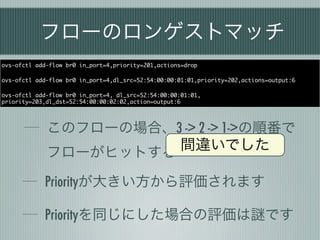 フローのロンゲストマッチ
ovs-ofctl add-flow br0 in_port=4,priority=201,actions=drop

ovs-ofctl add-flow br0 in_port=4,dl_src=52:54:00:00:01:01,priority=202,actions=output:6

ovs-ofctl add-flow br0 in_port=4, dl_src=52:54:00:00:01:01,
priority=203,dl_dst=52:54:00:00:02:02,action=output:6




             このフローの場合、3 -> 2 -> 1->の順番で
             フローがヒットする 間違いでした

            Priorityが大きい方から評価されます

            Priorityを同じにした場合の評価は                                              です
 