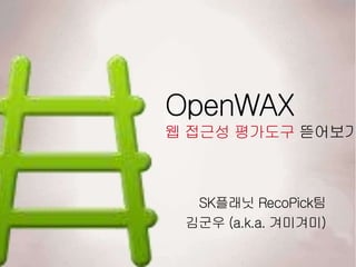 OpenWAX
웹 접근성 평가도구 뜯어보기
SK플래닛 RecoPick팀
김군우 (a.k.a. 겨미겨미)
 