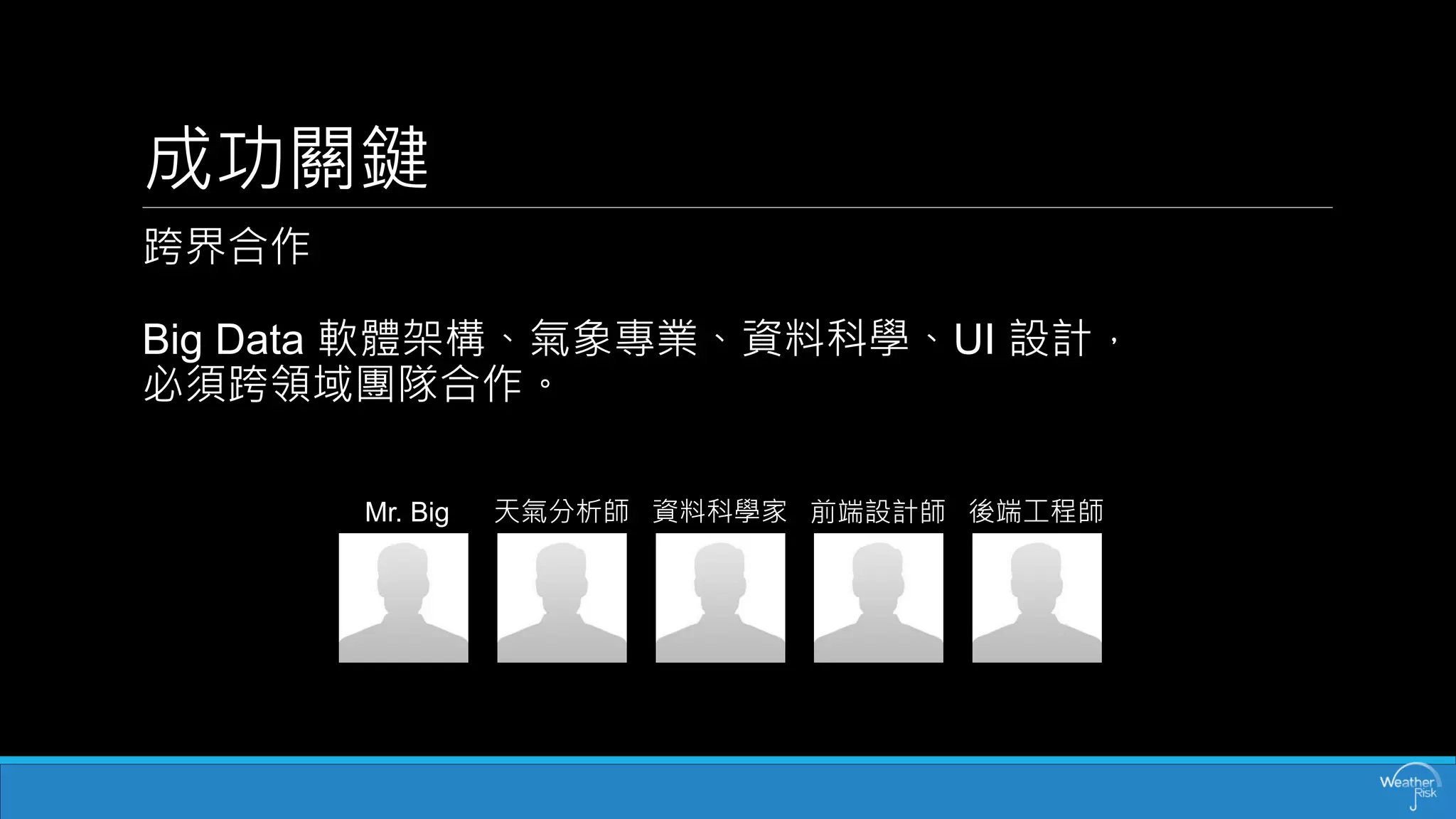 成功關鍵 
跨界合作 Big Data 軟體架構、氣象專業、資料科學、UI 設計， 必須跨領域團隊合作。 
Mr. Big 
天氣分析師 
資料科學家 
後端工程師 
前端設計師  