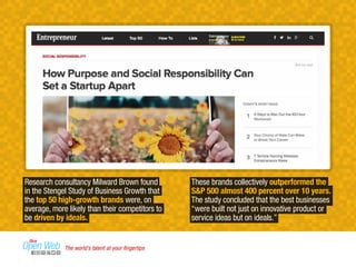 These brands collectively outperformed the 
S&P 500 almost 400 percent over 10 years. 
The study concluded that the best businesses 
“were built not just on innovative product or 
service ideas but on ideals.” 
Research consultancy Milward Brown found 
in the Stengel Study of Business Growth that 
the top 50 high-growth brands were, on 
average, more likely than their competitors to 
be driven by ideals. 
The world’s talent at your fingertips 
 