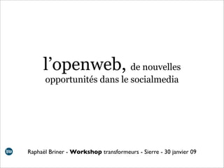 l’openweb, de nouvelles
      opportunités dans le socialmedia




Raphaël Briner - Workshop transformeurs - Sierre - 30 janvier 09
 