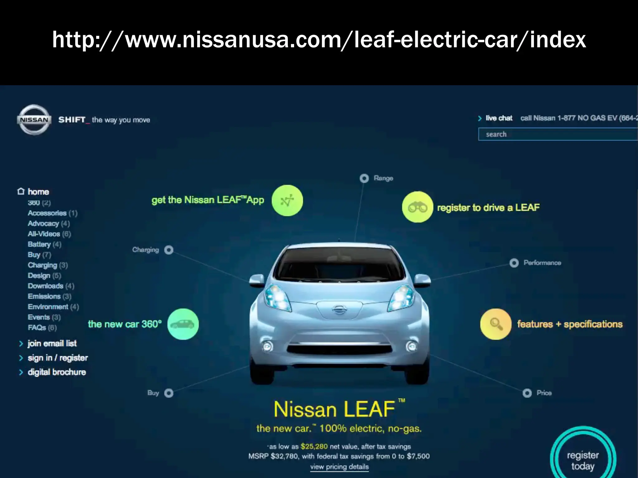 http://www.nissanusa.com/leaf-electric-car/index
 