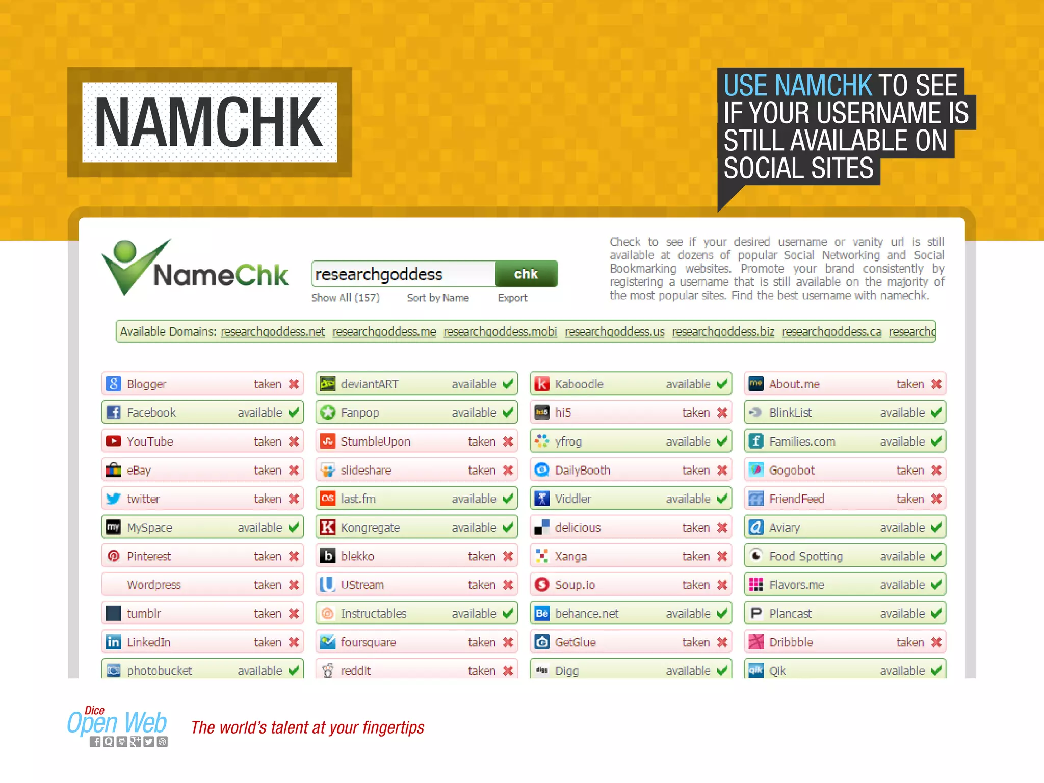 NAMCHK
USE NAMCHK TO SEE
IF YOUR USERNAME IS
STILL AVAILABLE ON
SOCIAL SITES
The world’s talent at your ﬁngertips
 