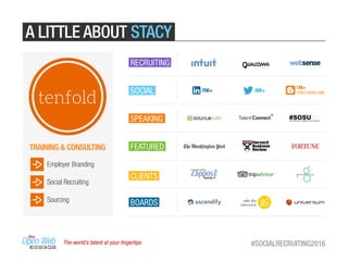 The world’s talent at your ﬁngertips #SOCIALRECRUITING2016
RECRUITING
SOCIAL
SPEAKING
FEATURED
CLIENTS
70K+ 38K+ STACYZAPAR.COM
1M+
BOARDS
A LITTLE ABOUT STACY
Sourcing
Employer Branding
Social Recruiting
TRAINING & CONSULTING
 