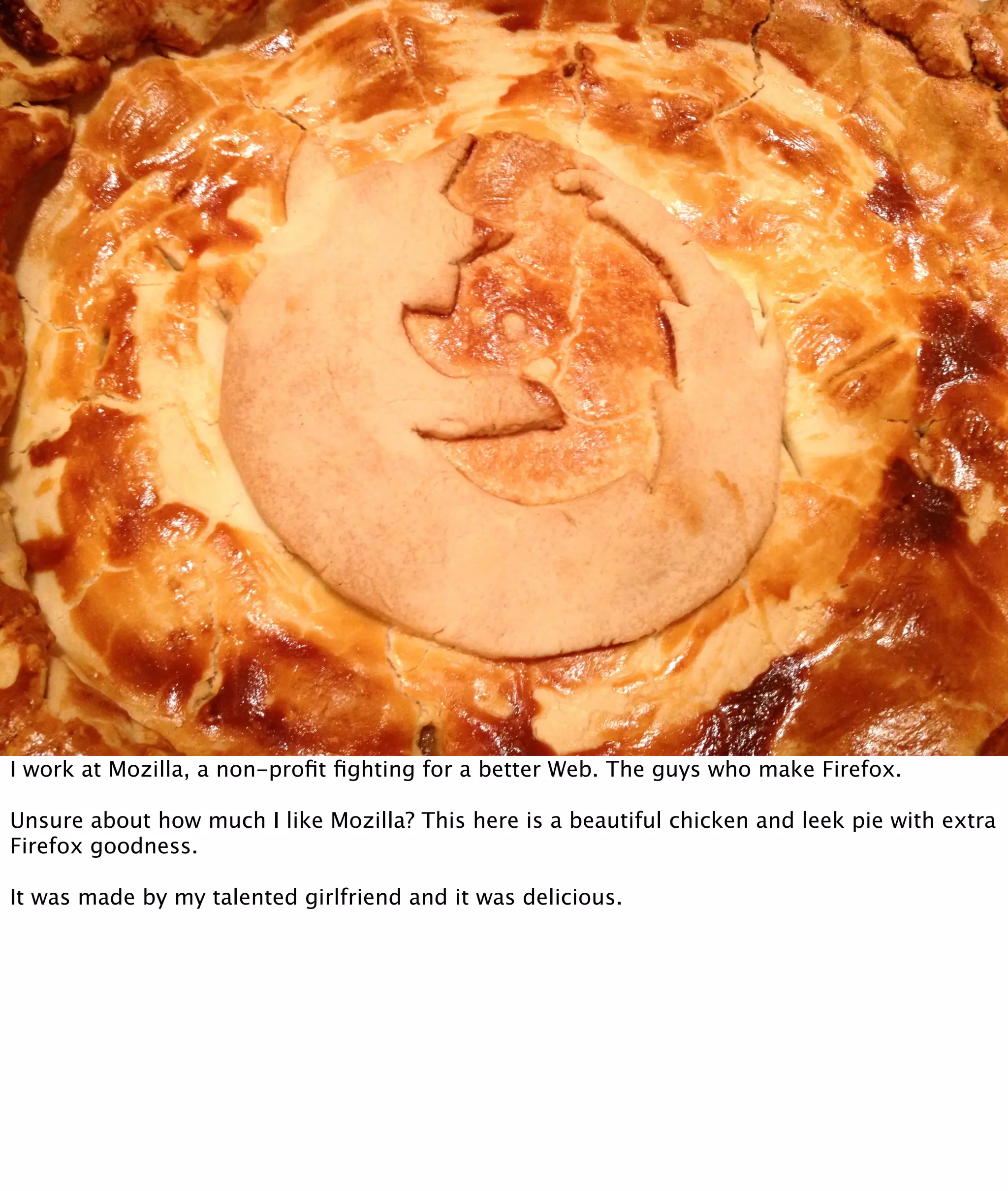 I work at Mozilla, a non-proﬁt ﬁghting for a better Web. The guys who make Firefox.

Unsure about how much I like Mozilla? This here is a beautiful chicken and leek pie with extra
Firefox goodness.

It was made by my talented girlfriend and it was delicious.
 