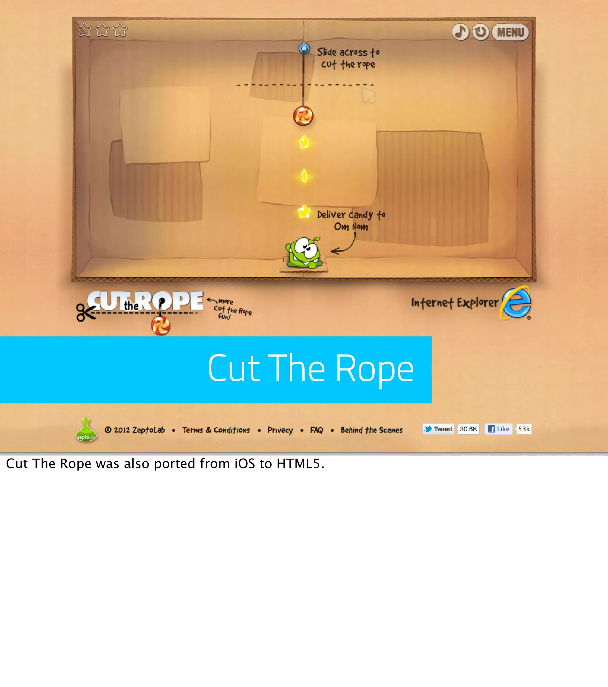 Cut The Rope Cut The Rope was also ported from iOS to HTML5. 