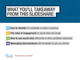 4
The world’s talent at your ﬁngertips
WHAT YOU'LL TAKEAWAY
FROM THIS SLIDESHARE:
How to identify if a candidate is active or passive
The rules of engagement on social sites and email
How to use social sites differently to drive candidate responses
Messaging best practices with templates to get you started
1
2
3
 