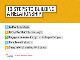 The world’s talent at your ﬁngertips
1
2
3
4
5
Follow the candidate
Retweet or share their messages
Engage in conversation by commenting on their posts
Compliment their work
Share info that matches their interests
10 STEPS TO BUILDING
A RELATIONSHIP
 