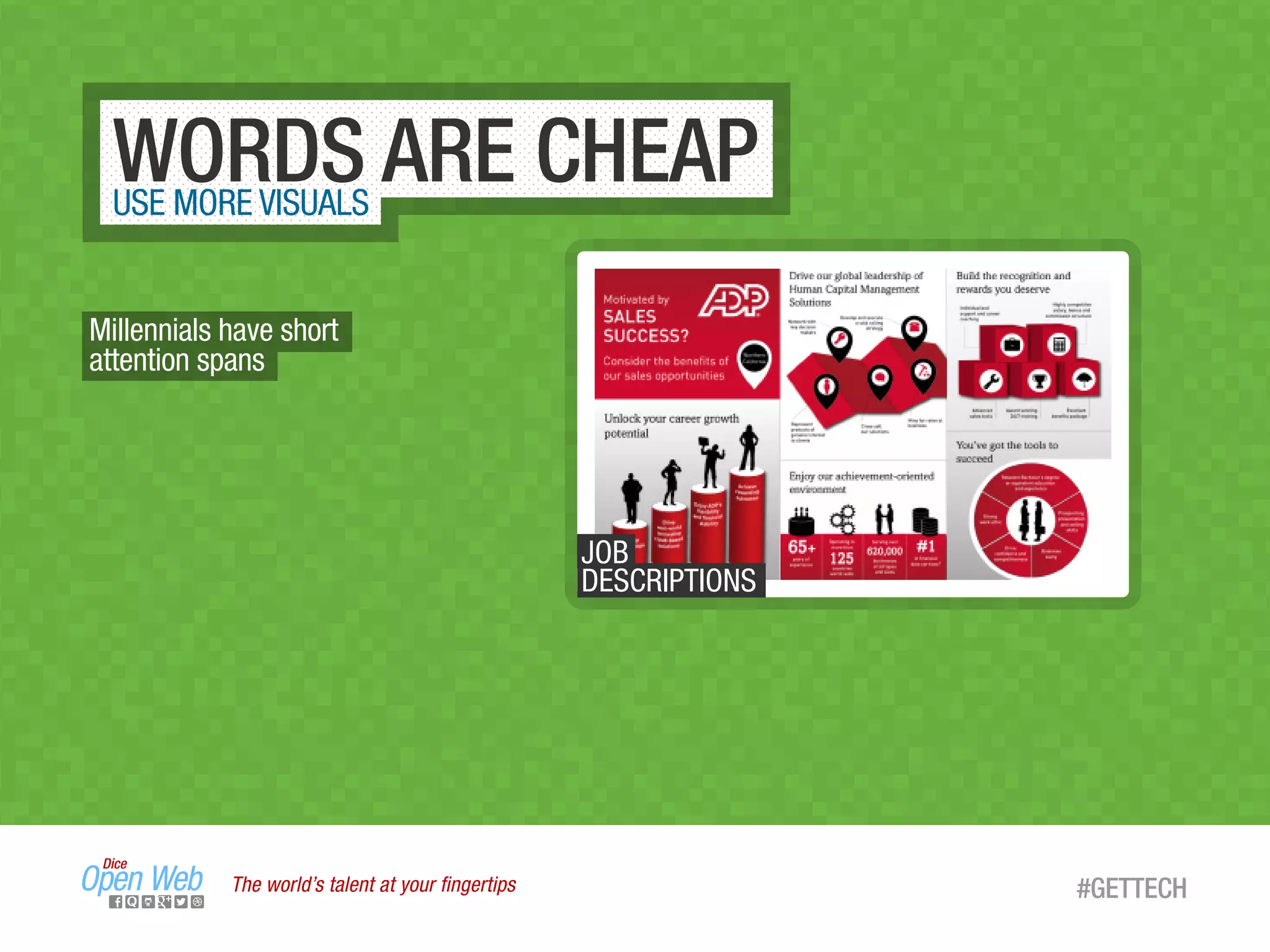 WORDS ARE CHEAPUSE MORE VISUALS
The world’s talent at your ﬁngertips #GETTECH
JOB
DESCRIPTIONS
Millennials have short
attention spans
 