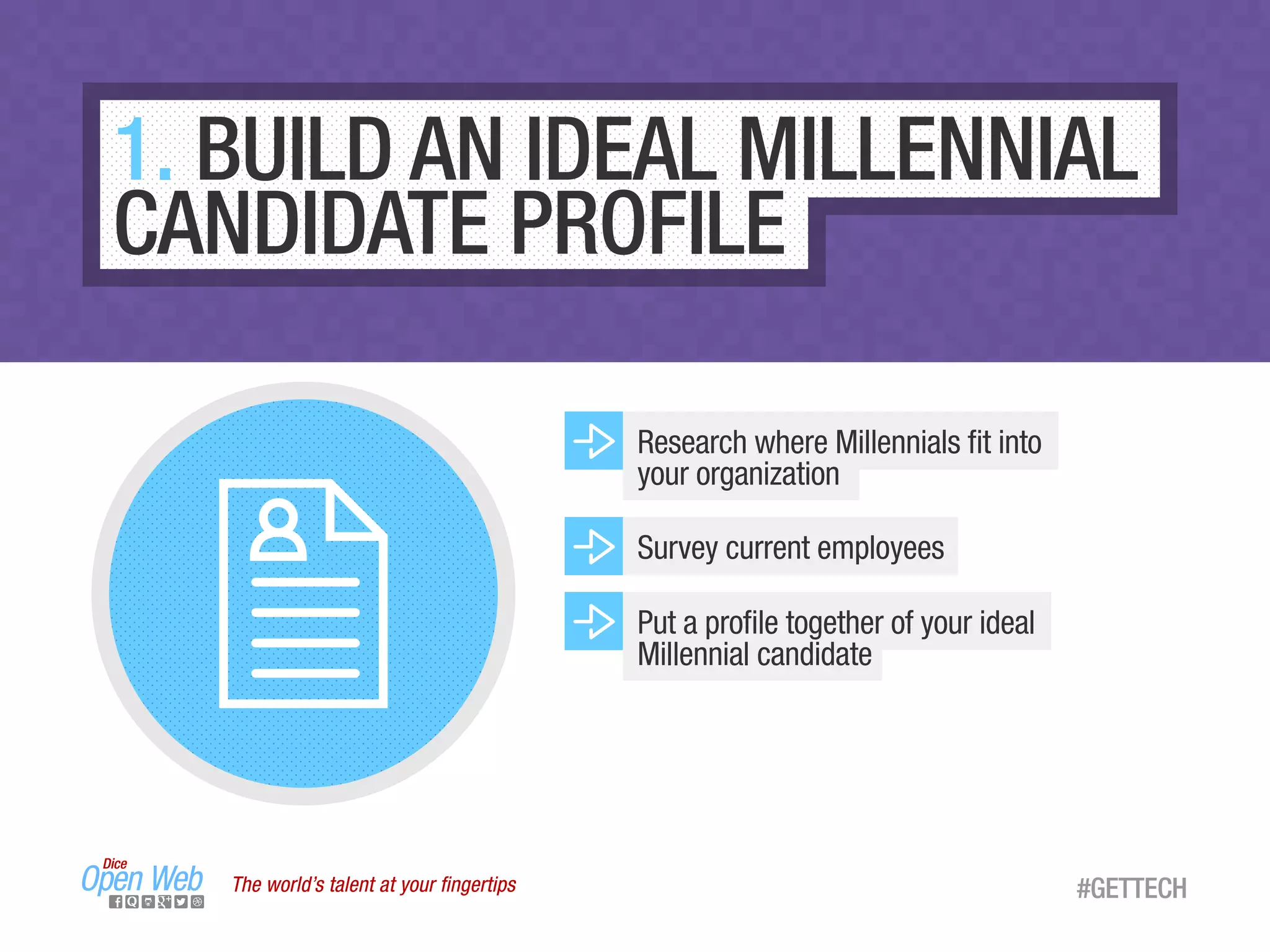The world’s talent at your ﬁngertips #GETTECHThe world’s talent at your ﬁngertips #GETTECH
Research where Millennials ﬁt into
your organization
Put a proﬁle together of your ideal
Millennial candidate
Survey current employees
1. BUILD AN IDEAL MILLENNIAL
CANDIDATE PROFILE
 