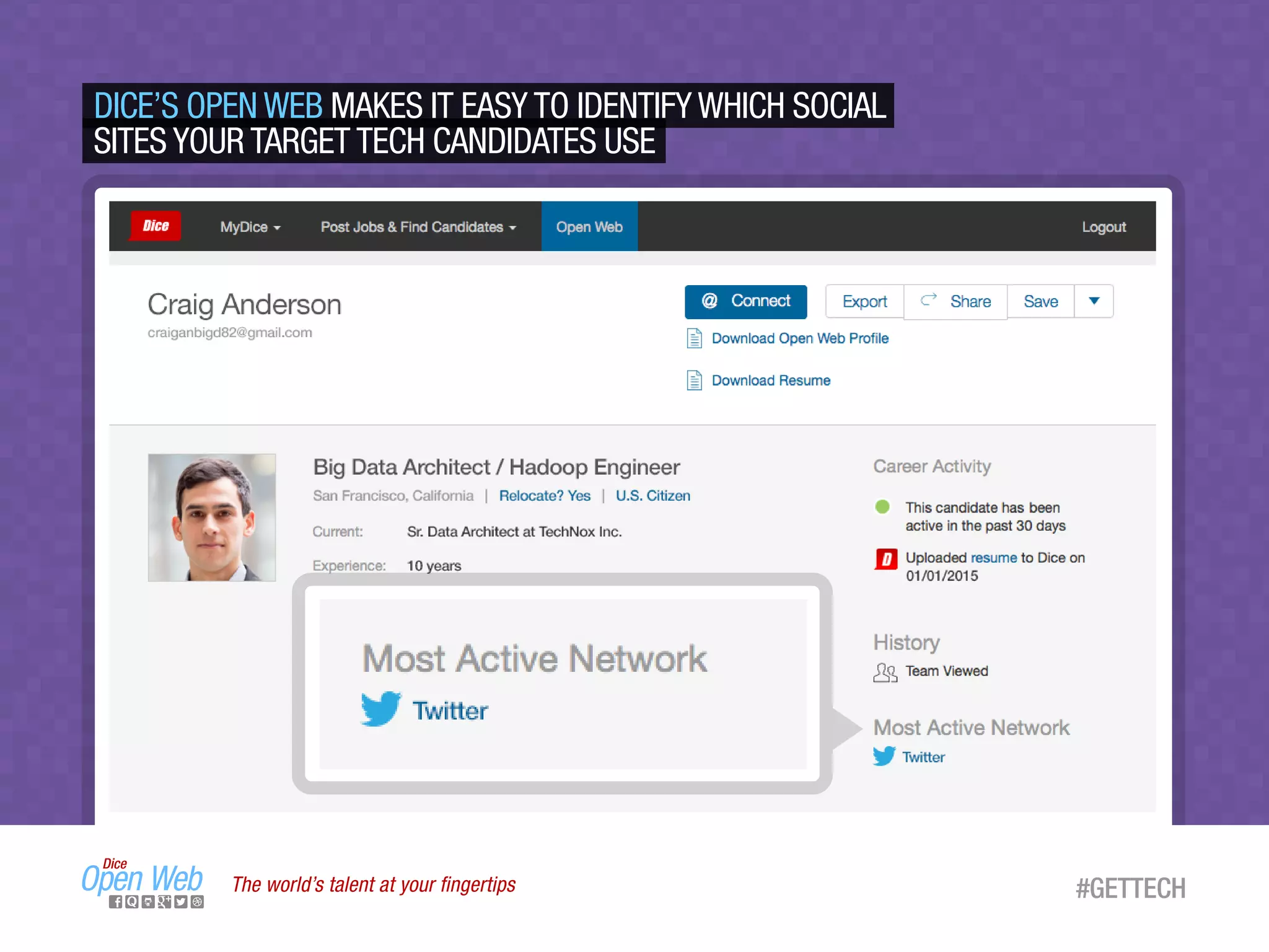 DICE’S OPEN WEB MAKES IT EASY TO IDENTIFY WHICH SOCIAL
SITES YOUR TARGET TECH CANDIDATES USE
The world’s talent at your ﬁngertips #GETTECH
 
