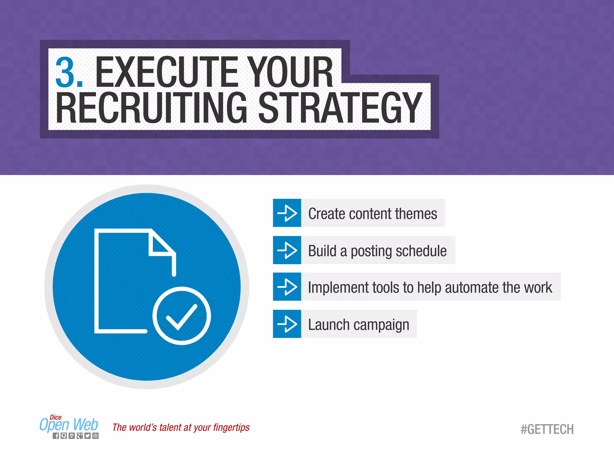 3. EXECUTE YOUR
RECRUITING STRATEGY
Create content themes
Build a posting schedule
Implement tools to help automate the work
Launch campaign
The world’s talent at your ﬁngertips #GETTECH
 