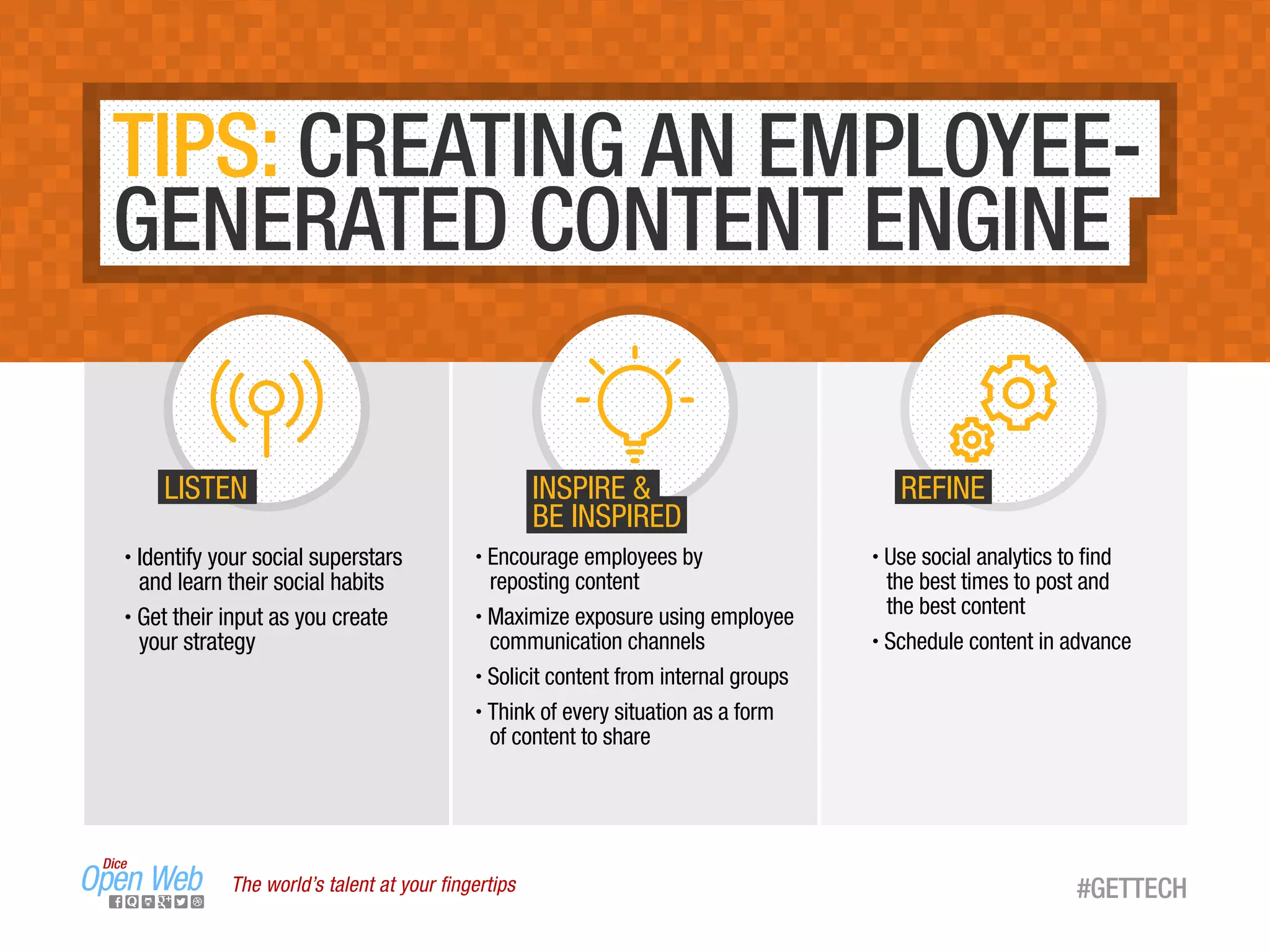 TIPS: CREATING AN EMPLOYEE-
GENERATED CONTENT ENGINE
· Identify your social superstars
and learn their social habits
· Get their input as you create
your strategy
· Use social analytics to ﬁnd
the best times to post and
the best content
· Schedule content in advance
· Encourage employees by
reposting content
· Maximize exposure using employee
communication channels
· Solicit content from internal groups
· Think of every situation as a form
of content to share
LISTEN INSPIRE &
BE INSPIRED
REFINE
The world’s talent at your ﬁngertips #GETTECH
 