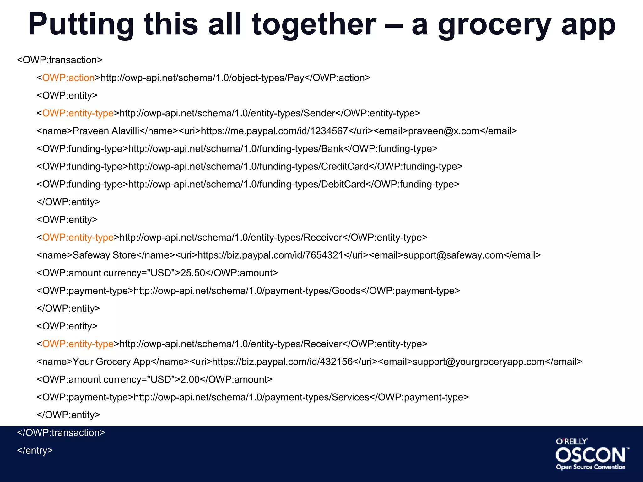 So what’s our open stack ?TransactionHistoryApplicationConsumerApplicationMerchantApplicationPoCoOpen Web PaymentOpenSearchOpenWebPaymentsStackAtomAtomPubOAuthhost-meta/WebFingerPayments Provider