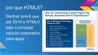 por que HTML5? 
Gartner prevê que 
até 2014 o HTML5 
seja o principal 
veículo corporativo 
para apps 
http://www.zdnet.com/mobile-actionable-data-dominates-gartners-2013-tech-trends-7000006214/ 
 