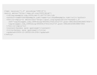 <?xml version='1.0' encoding='UTF-8'?>
<entry xmlns='http://www.w3.org/2005/Atom'>
  <id>tag:example.com,2009:cmt-0.44775718</id>
  <author><name>test@example.com</name><uri>bob@example.com</uri></author>
  <thr:in-reply-to xmlns:thr='http://purl.org/syndication/thread/1.0'
    ref='tag:blogger.com,1999:blog-893591374313312737.post-3861663258538857954'>
    tag:blogger.com,1999:blog-893591374313312737.post-3861663258538857954
  </thr:in-reply-to>
  <content>Salmon swim upstream!</content>
  <title>Salmon swim upstream!</title>
  <updated>2009-12-18T20:04:03Z</updated>
</entry>
 