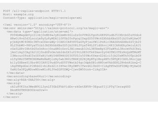 POST /all-replies-endpoint HTTP/1.1
Host: example.org
Content-Type: application/magic-envelope+xml

<?xml version='1.0' encoding='UTF-8'?>
<me:env xmlns:me='http://salmon-protocol.org/ns/magic-env'>
  <me:data type='application/atom+xml'>
    PD94bWwgdmVyc2lvbj0nMS4wJyBlbmNvZGluZz0nVVRGLTgnPz4KPGVudHJ5IHhtbG5zPSdod
    HRwOi8vd3d3LnczLm9yZy8yMDA1L0F0b20nPgogIDxpZD50YWc6ZXhhbXBsZS5jb20sMjAwOT
    pjbXQtMC40NDc3NTcxODwvaWQ-ICAKICA8YXV0aG9yPjxuYW1lPnRlc3RAZXhhbXBsZS5jb20
    8L25hbWU-PHVyaT5ib2JAZXhhbXBsZS5jb208L3VyaT48L2F1dGhvcj4KICA8dGhyOmluLXJl
    cGx5LXRvIHhtbG5zOnRocj0naHR0cDovL3B1cmwub3JnL3N5bmRpY2F0aW9uL3RocmVhZC8xL
    jAnCiAgICAgIHJlZj0ndGFnOmJsb2dnZXIuY29tLDE5OTk6YmxvZy04OTM1OTEzNzQzMTMzMT
    I3MzcucG9zdC0zODYxNjYzMjU4NTM4ODU3OTU0Jz50YWc6YmxvZ2dlci5jb20sMTk5OTpibG9
    nLTg5MzU5MTM3NDMxMzMxMjczNy5wb3N0LTM4NjE2NjMyNTg1Mzg4NTc5NTQKICA8L3Rocjpp
    bi1yZXBseS10bz4KICA8Y29udGVudD5TYWxtb24gc3dpbSB1cHN0cmVhbSE8L2NvbnRlbnQ-C
    iAgPHRpdGxlPlNhbG1vbiBzd2ltIHVwc3RyZWFtITwvdGl0bGU-CiAgPHVwZGF0ZWQ-MjAwOS
    0xMi0xOFQyMDowNDowM1o8L3VwZGF0ZWQ-CjwvZW50cnk-CiAgICA=
  </me:data>
  <me:encoding>base64url</me:encoding>
  <me:alg>RSA-SHA256</me:alg>
  <me:sig>
    cAIu8VKIhs3WedN91L3ynLT3GbZFhbVidDn-skGetENVH-3EguaYIjlPTq7Ieraq4SD
    BknM9STM9DR90kveUrw==
  </me:sig>
</me:env>
 