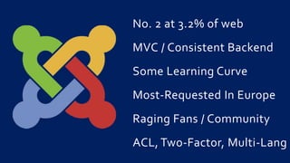 No. 2 at 3.2% of web
MVC / Consistent Backend
Some Learning Curve
Most-Requested In Europe
Raging Fans / Community
ACL, Two-Factor, Multi-Lang
 