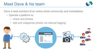 Meet Dave & his team
Dave is lead architect of an online photo community and marketplace
– Operate a platform to
– share and photos
– edit and categorize photos via manual tagging
8
 