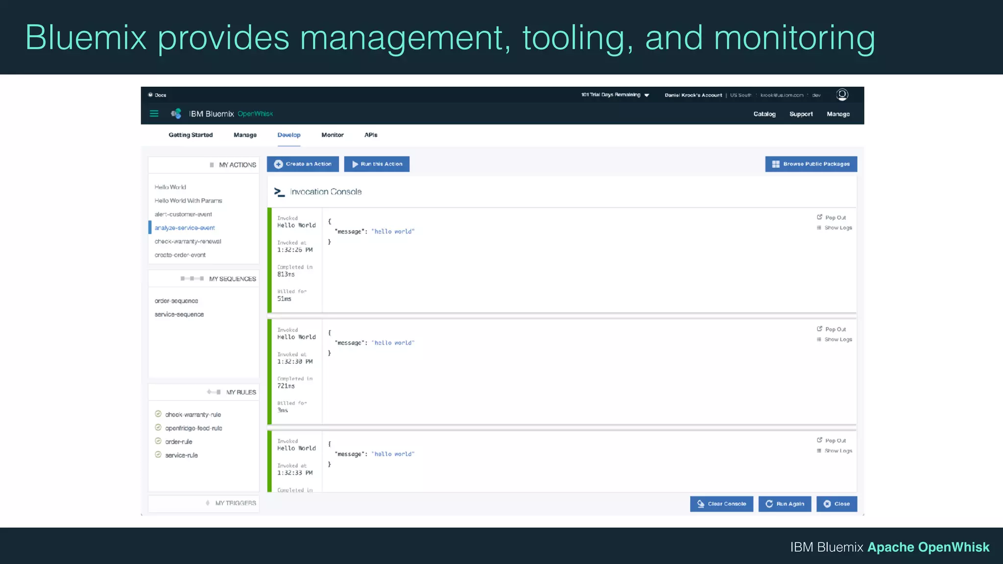 IBM Bluemix Apache OpenWhisk
Bluemix provides management, tooling, and monitoring
 