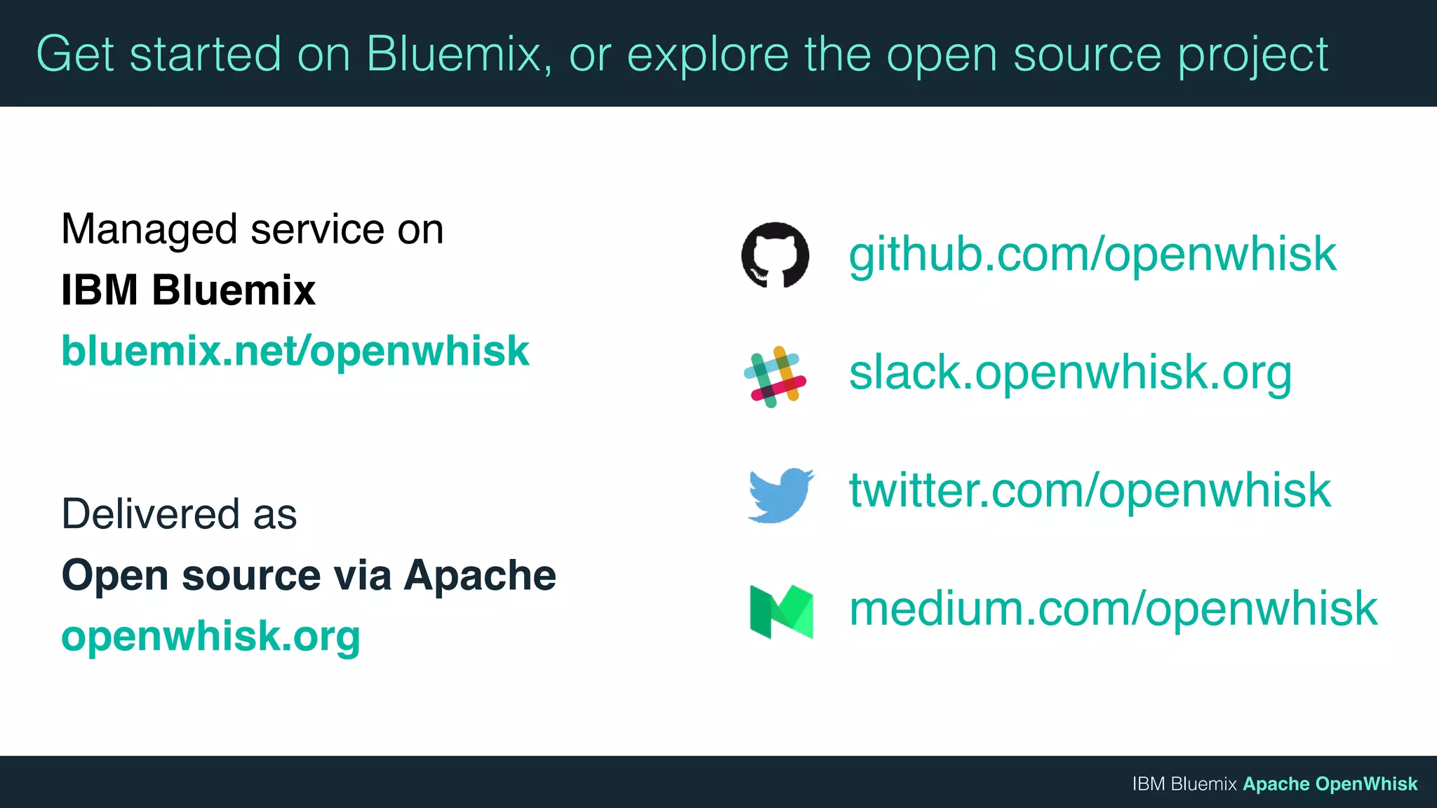 IBM Bluemix Apache OpenWhisk
Managed service on 
IBM Bluemix
bluemix.net/openwhisk
Delivered as 
Open source via Apache
openwhisk.org
Get started on Bluemix, or explore the open source project
github.com/openwhisk
slack.openwhisk.org
twitter.com/openwhisk
medium.com/openwhisk
 