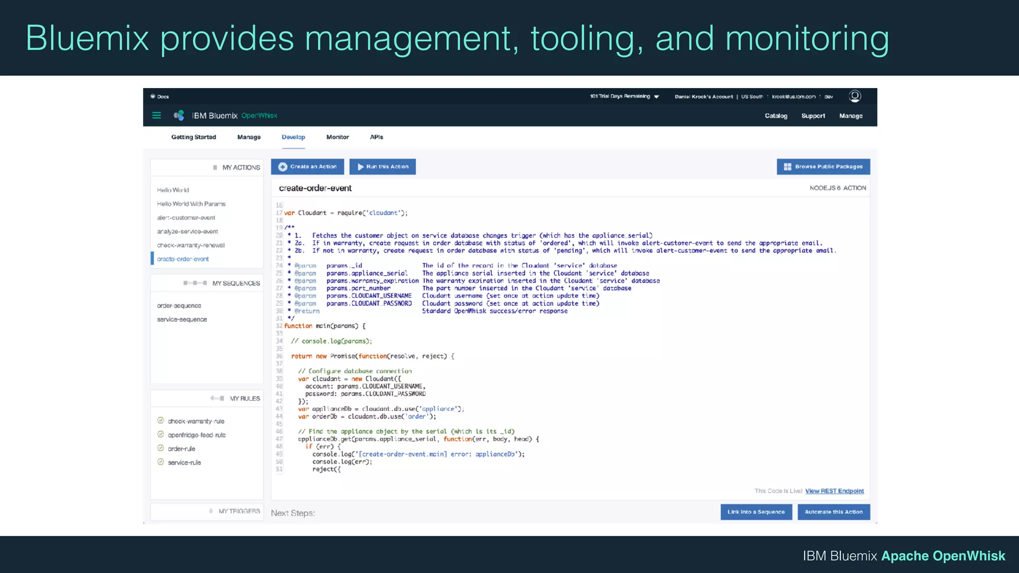 IBM Bluemix Apache OpenWhisk
Bluemix provides management, tooling, and monitoring
 