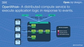 @AnimeshSingh
OpenWhisk- A distributed compute service to
execute application logic in response to events. 
 