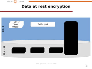 46
www.galeracluster.com
R
A
M
Data at rest encryption
Client
thread
Client
threadClient
thread
Buffer pool
gcache
D
I
S
K
ibdataibdata redo logredo log redo logbinlog
 