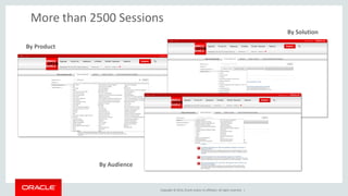 Copyright © 2014, Oracle and/or its affiliates. All rights reserved. |
More than 2500 Sessions
By Product
By Solution
By Audience
 