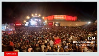Copyright © 2014, Oracle and/or its affiliates. All rights reserved. |
2014
Oracle OpenWorld
Attendee Details
 