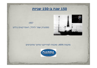 ‫051 שנה ב-051 שניות‬



              ‫7591‬

‫ספוטניק שוגר לחלל, האמריקאים בלחץ‬




           ‫מוקמת ‪ :ARPA‬סוכנות לפרוייקטי מחקר מתקדמים‬
 