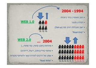 ‫4991 - 4002‬
                                                    ‫‪ ‬הווב מאופיין בחד כיווניות‬
                                                                 ‫ן‬

         ‫0.1 ‪WEB‬‬                                                ‫‪ ‬המידע סטטי‬

                                              ‫‪ ‬ישנן מגבלות רוחב פס )‪(Dial-up‬‬

                                                                ‫‪"Read-Only” ‬‬


      ‫0.2 ‪WEB‬‬
                          ‫4002 ...‬
          ‫‪ ‬פתיחות )תוכן פתוח, קוד פתוח...(‬

         ‫‪ ‬שיתוף )מידע/תוכן, דעות, דירוגים(‬

‫‪ ‬שפע של דרכים ליצירת קשר ולשיתוף מקורות‬

                             ‫‪“Read Write” ‬‬
 