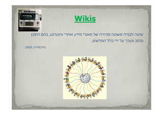 ‫‪Wikis‬‬
    ‫שיטה לבנייה פשוטה ומהירה של מאגרי מידע ואתרי אינטרנט, בהם התוכן‬
                                      ‫נכתב ונערך על ידי כלל הגולשים.‬
‫)וויקיפדיה, 0102(‬
 