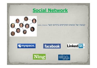 ‫‪Social Network‬‬

  ‫)וויקיפדיה, 0102(‬   ‫קבוצה של אנשים המקיימים ביניהם קשר‬
 